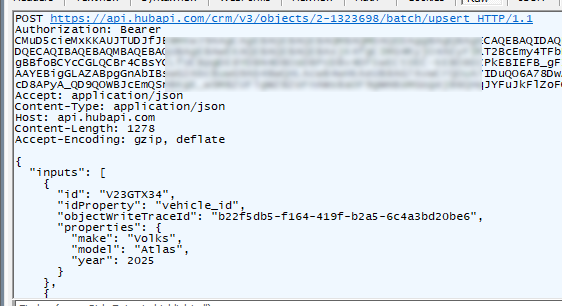 Fiddler capture from HubSpot Destination component